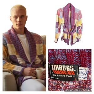 Vintage 70s Man Fare Men’s Patchwork Acrylic Cardigan Sweater Size Large